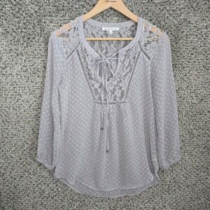 Daniel Rainn Top Womens Small Gray Swiss Dot Sheer Neck Tie Blouse Casual Ladies